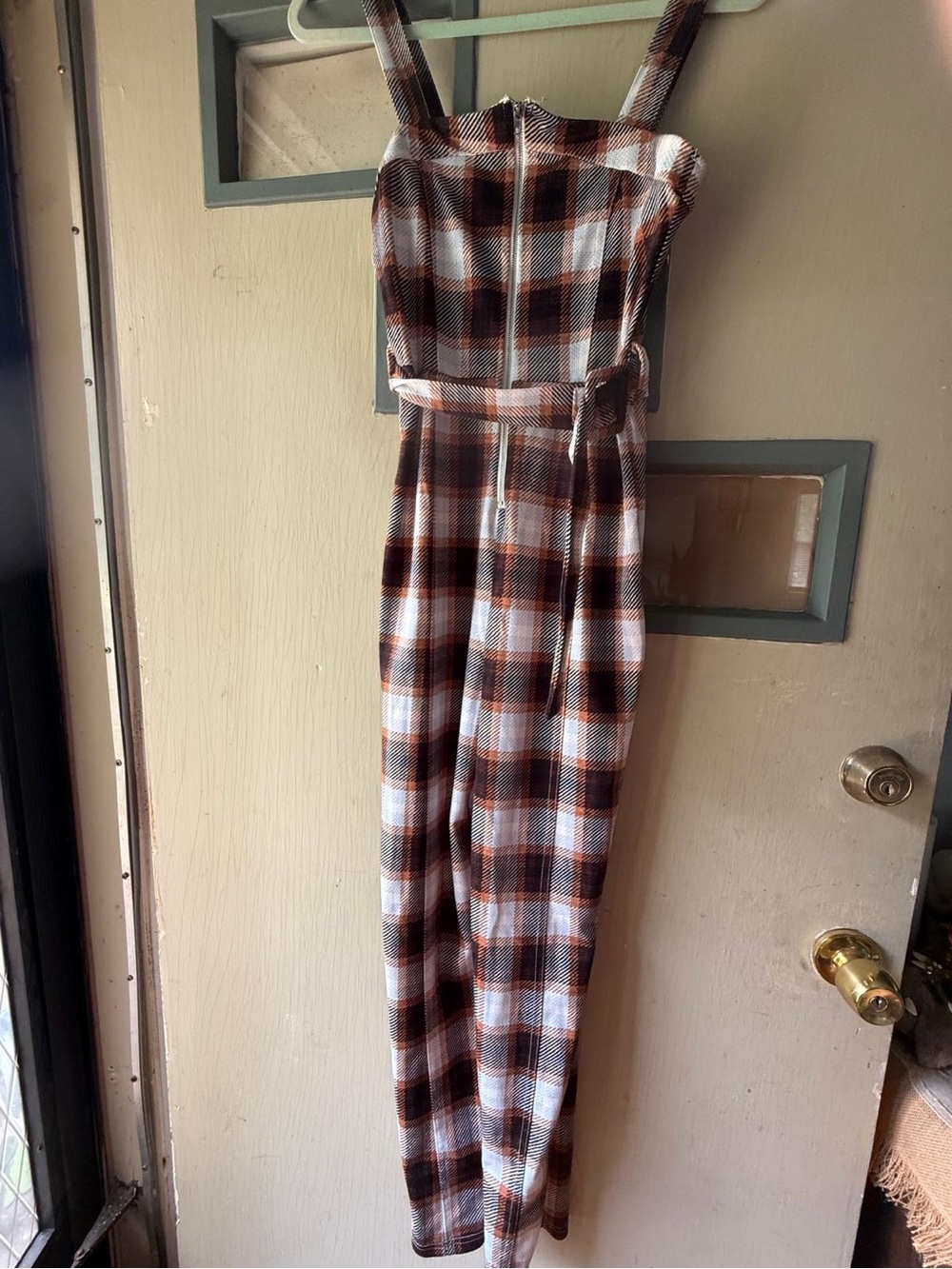 Almost Famous Brown & White Plaid Belted Jumpsuit